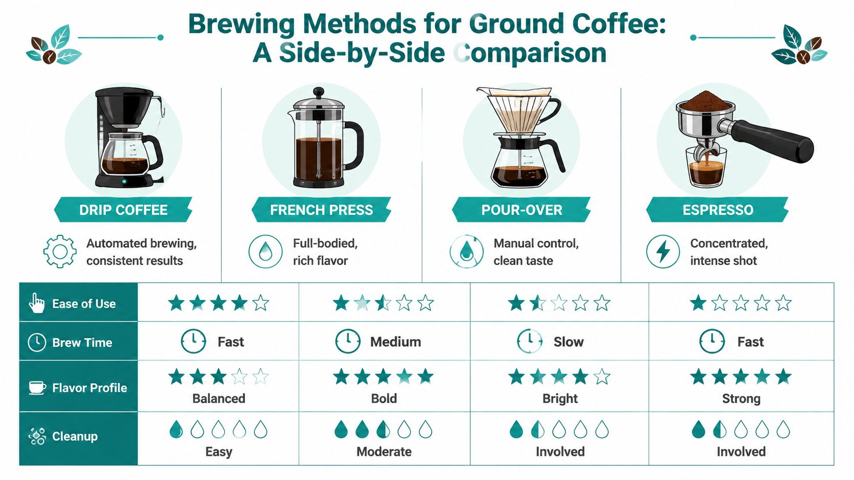 A comparison chart showing four brewing methods for ground coffee including drip, French press, pour-over, and espresso.