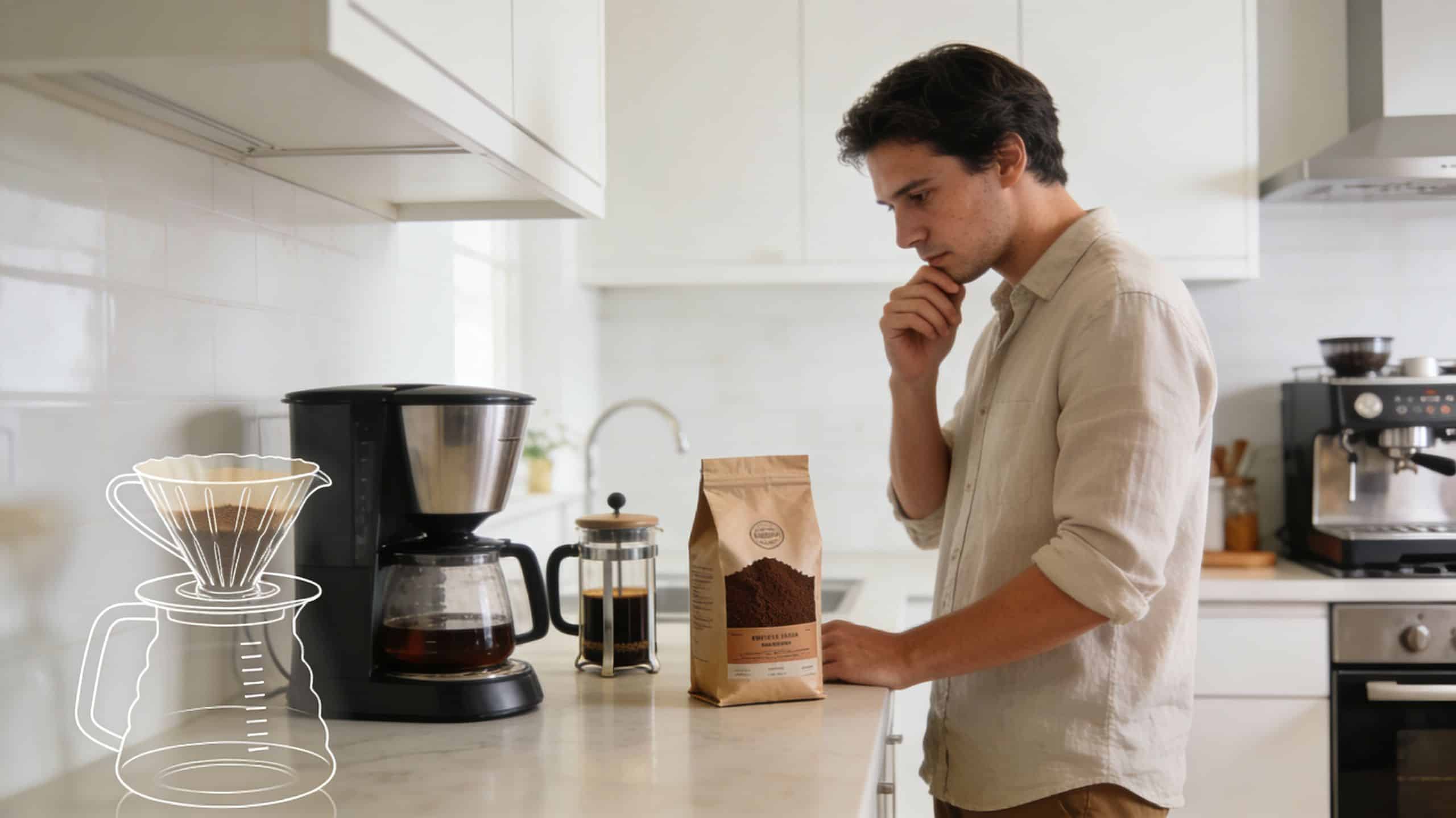 A man in a tan shirt stands in a modern kitchen thoughtfully considering coffee brewing equipment.