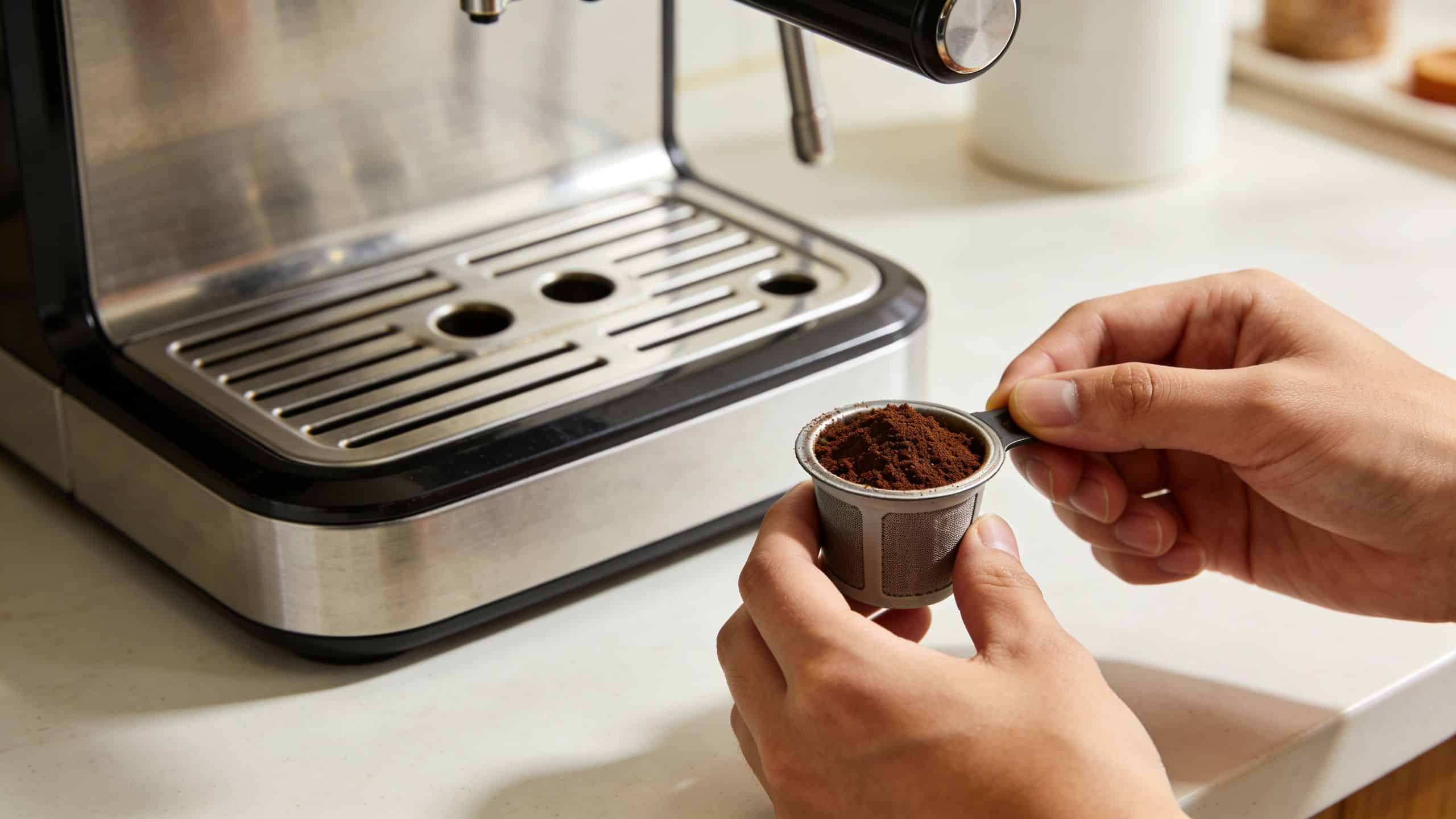A person holding a coffee filter basket filled with freshly ground espresso coffee near a coffee machine.