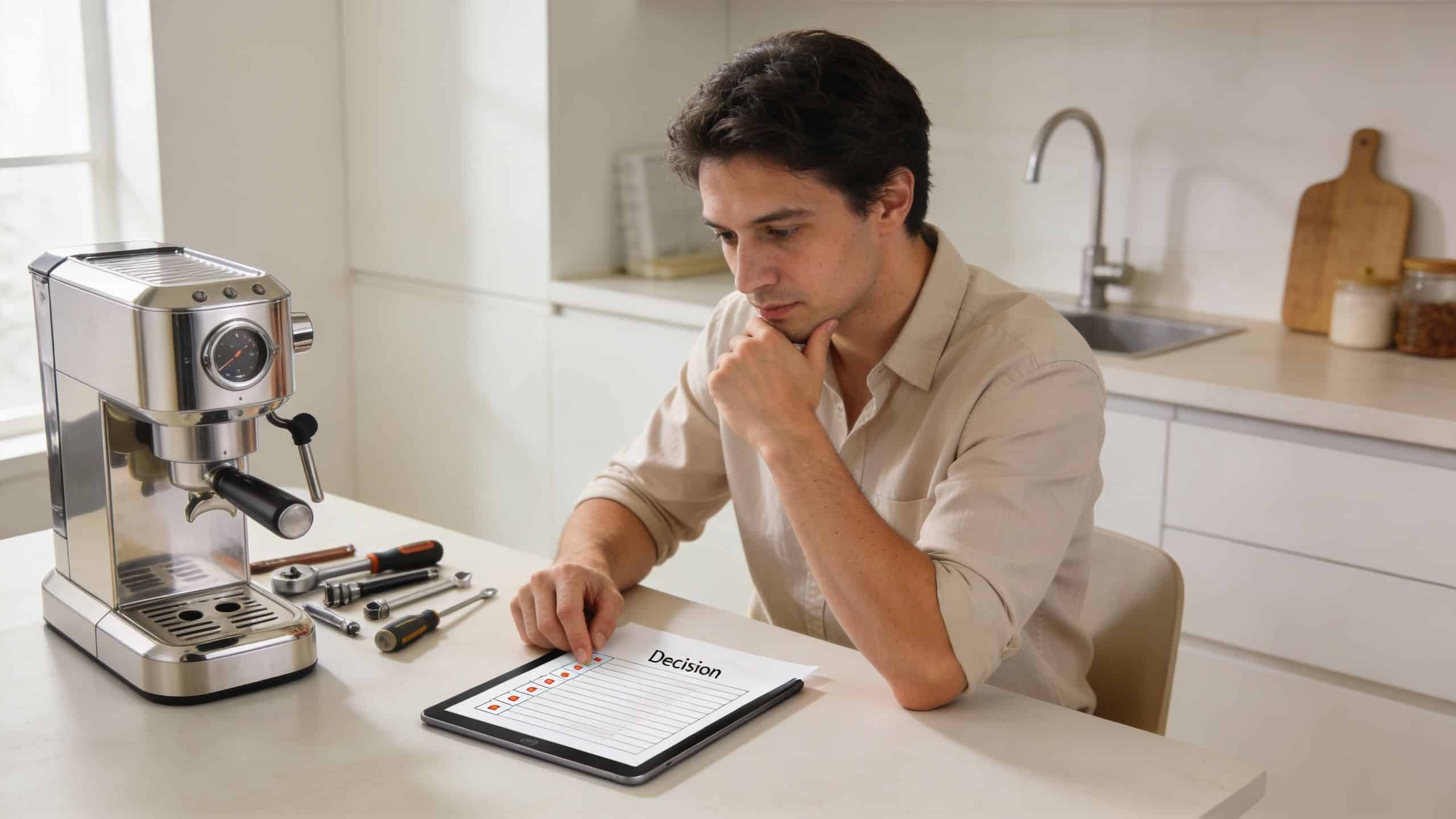 A man in a beige shirt thoughtfully deciding between repairing or replacing his professional espresso coffee machine.