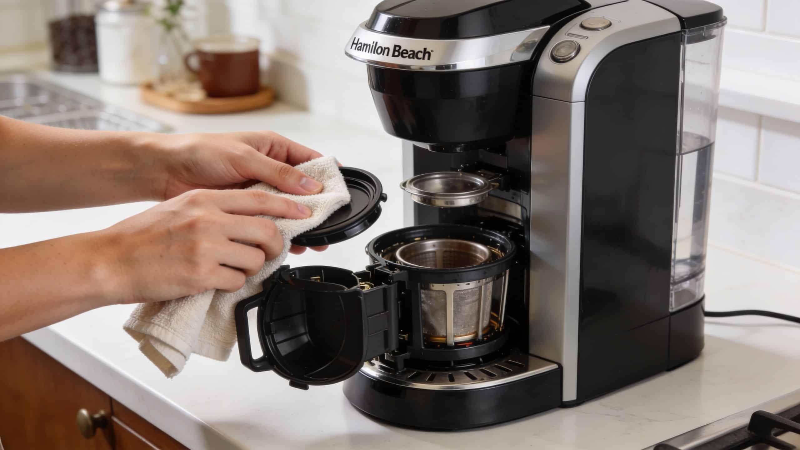 A person using a cloth to clean the black lid of a Hamilton Beach single-serve coffee maker.