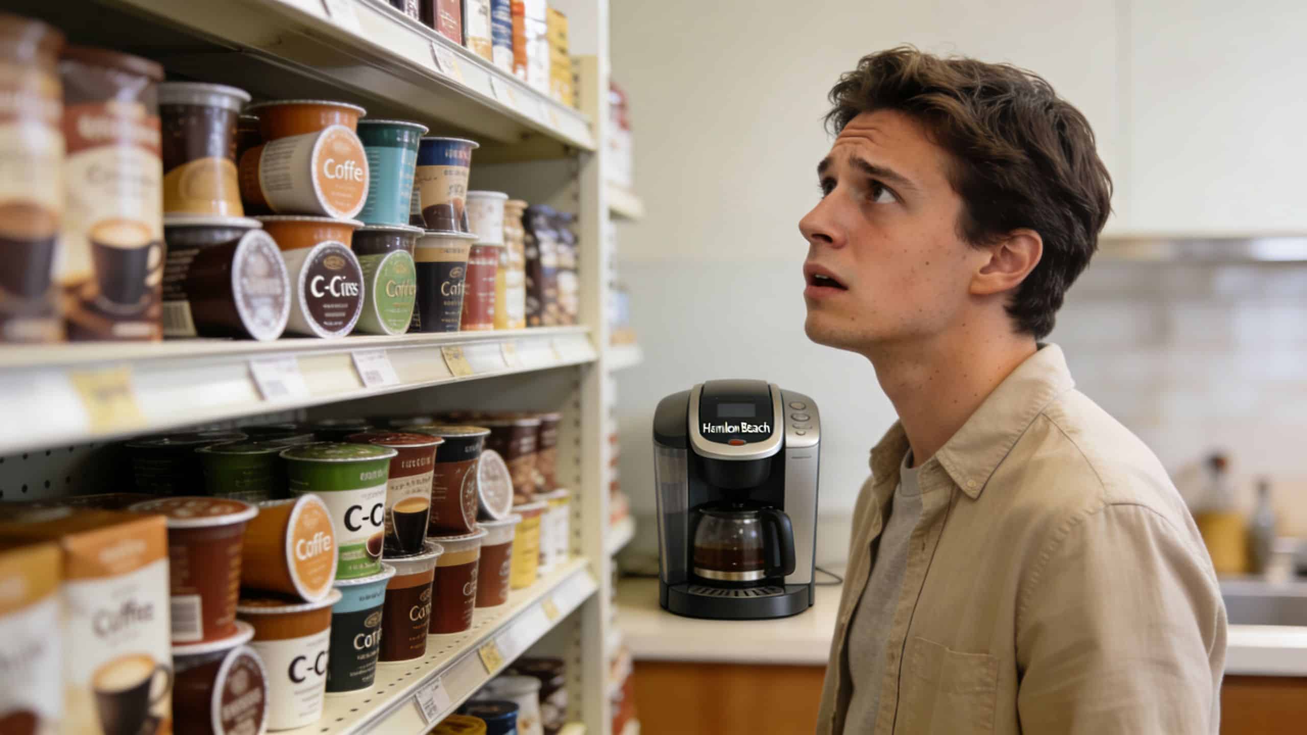 A young man looking confused at a display of various coffee pods near a Hamilton Beach coffee maker.