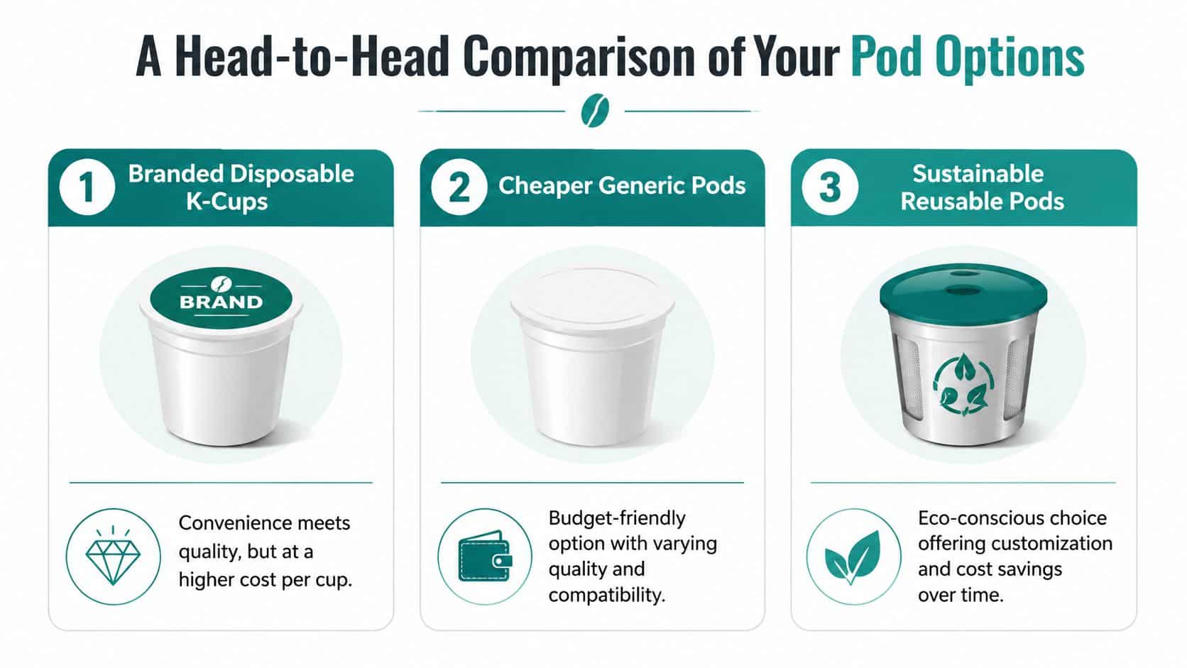 A comparison chart highlighting the differences between branded disposable, generic, and reusable coffee pods.