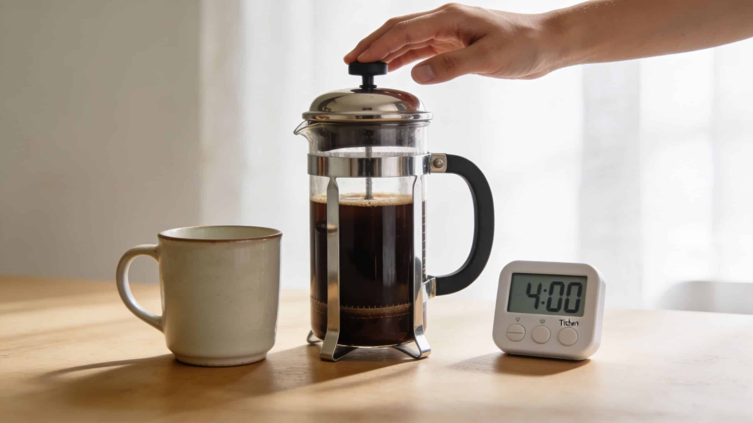 A hand presses the plunger on a French press coffee maker next to a timer set to four minutes.