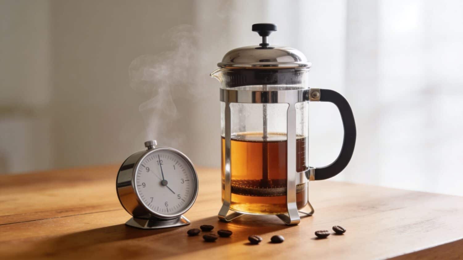 French press with tea, alarm clock, and coffee beans