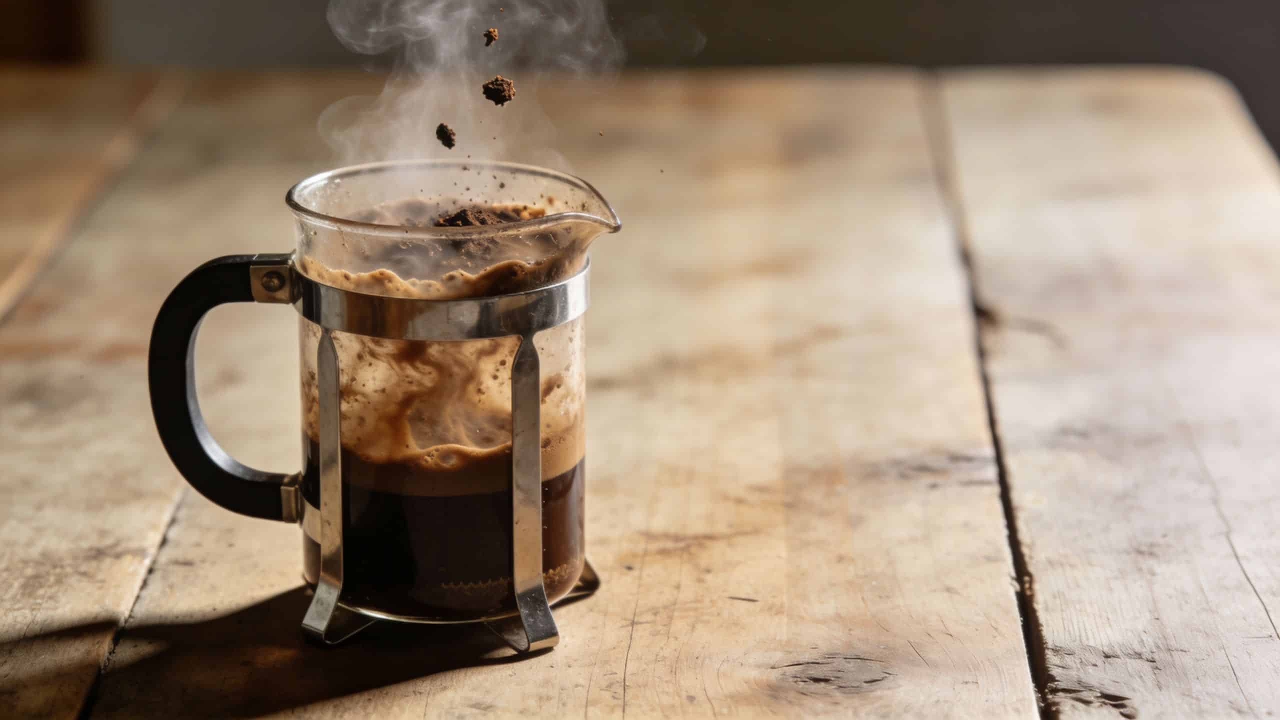 A glass french press coffee maker sits on a rustic wooden table with steam rising above it
