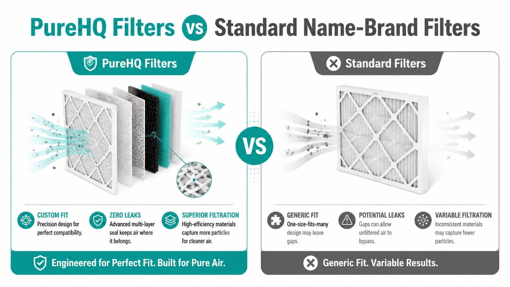 A comparison graphic between PureHQ multi-layer filters and standard brand-name air filters illustrating filtration quality and fit.