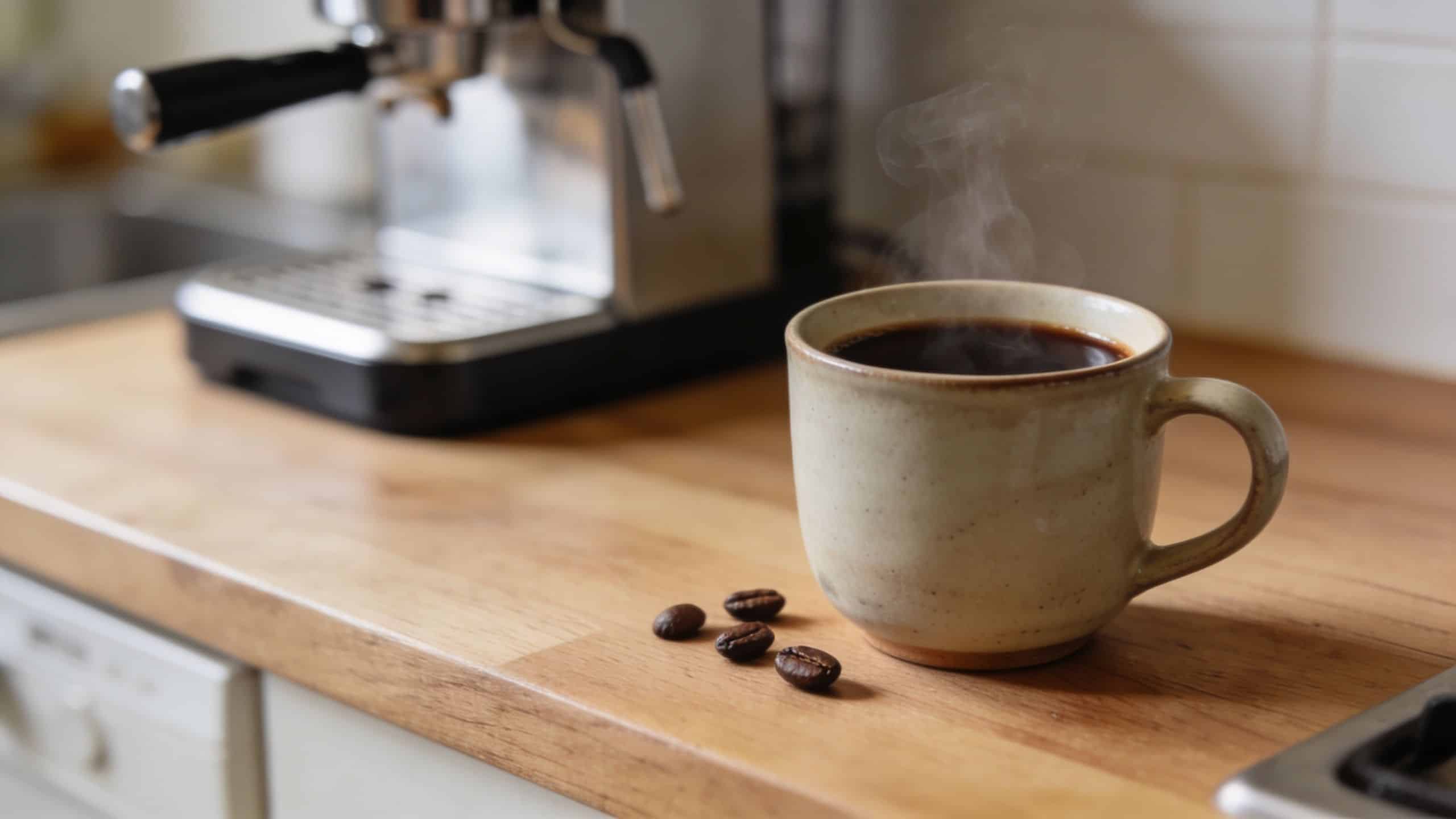 A steaming ceramic mug of hot coffee beside roasted coffee beans and an espresso machine on a counter.