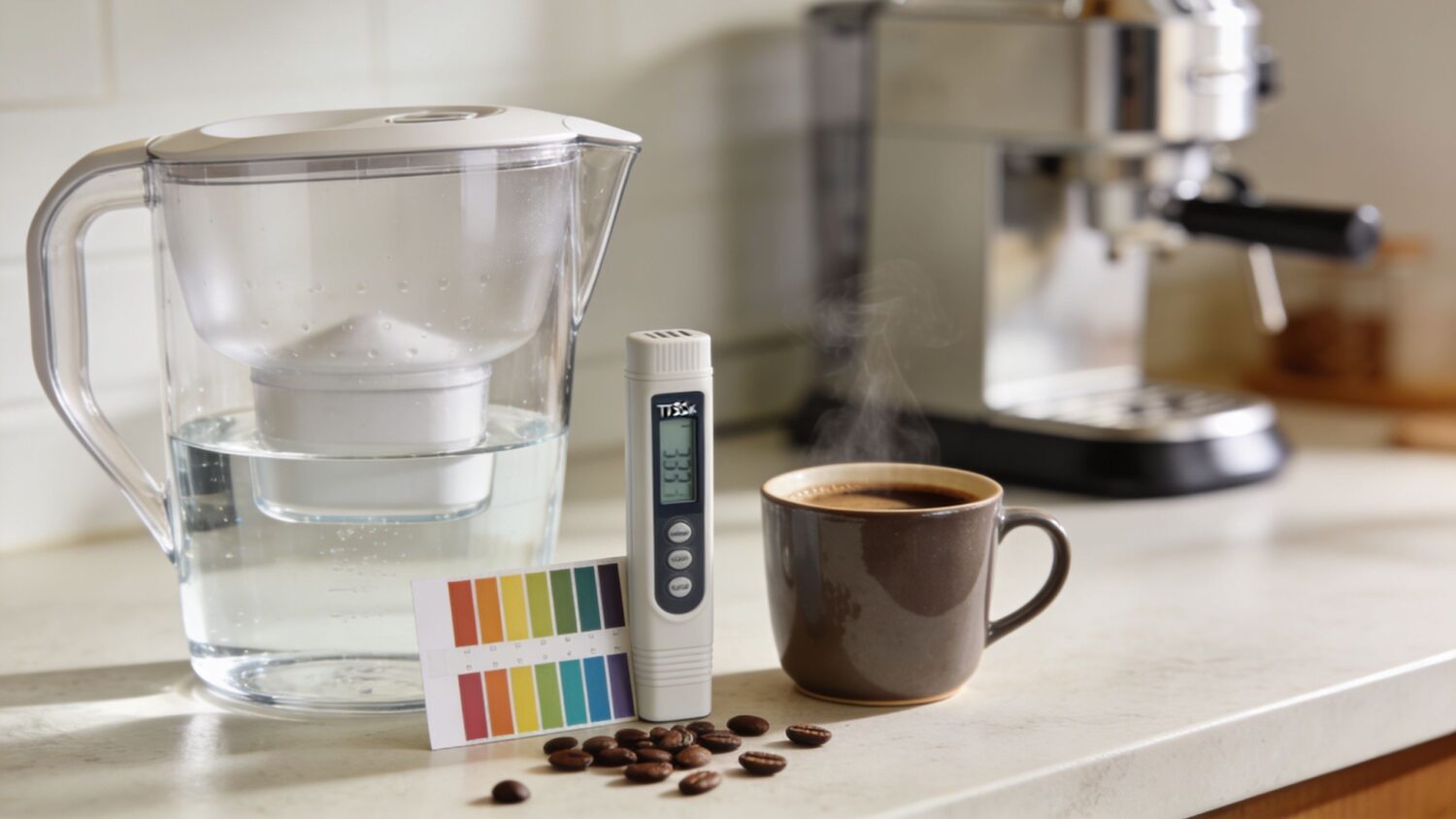 Water filter pitcher, TDS meter, coffee, and beans on a kitchen counter