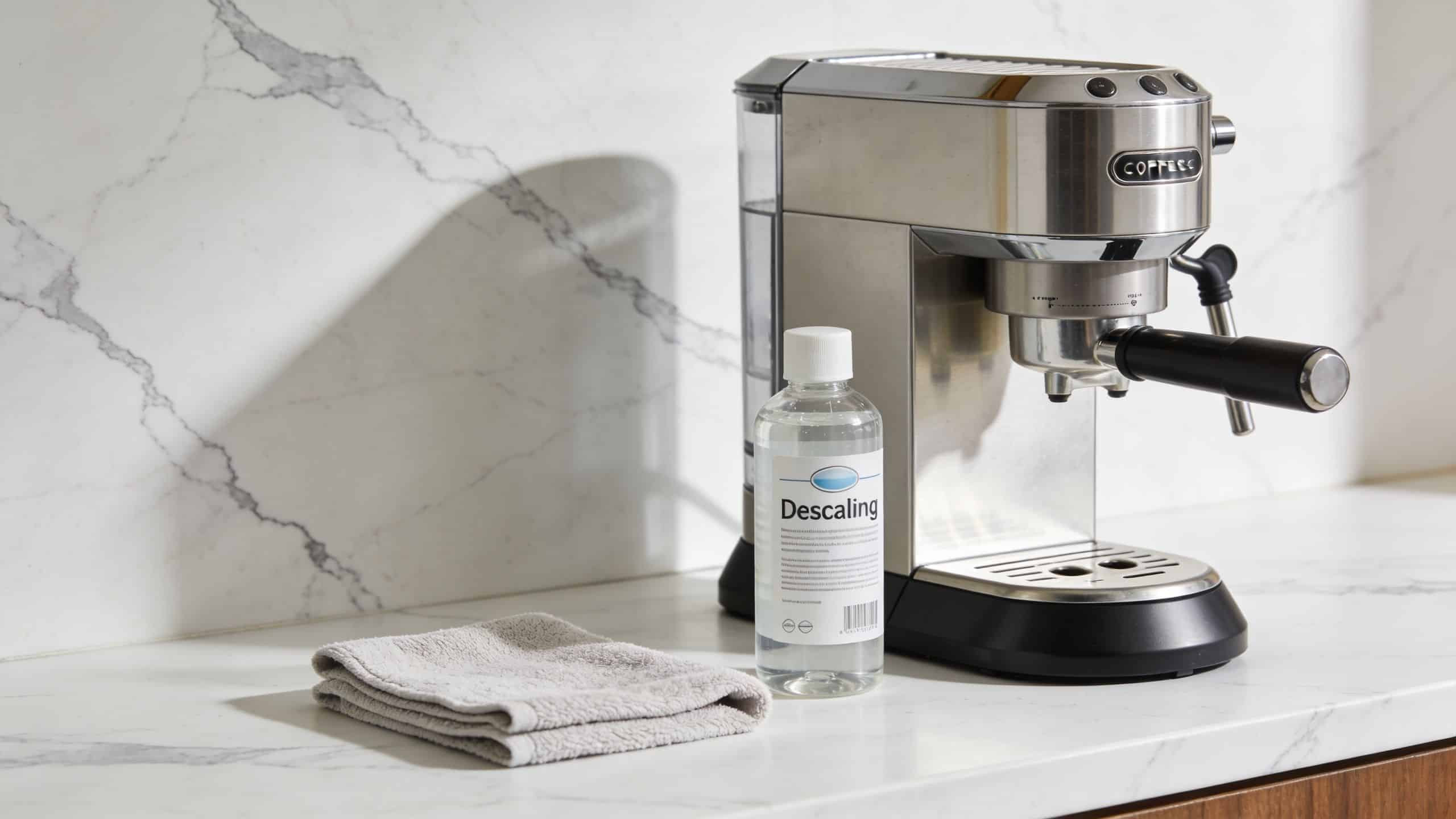A stainless steel espresso machine sits on a marble countertop next to a bottle of descaling solution.