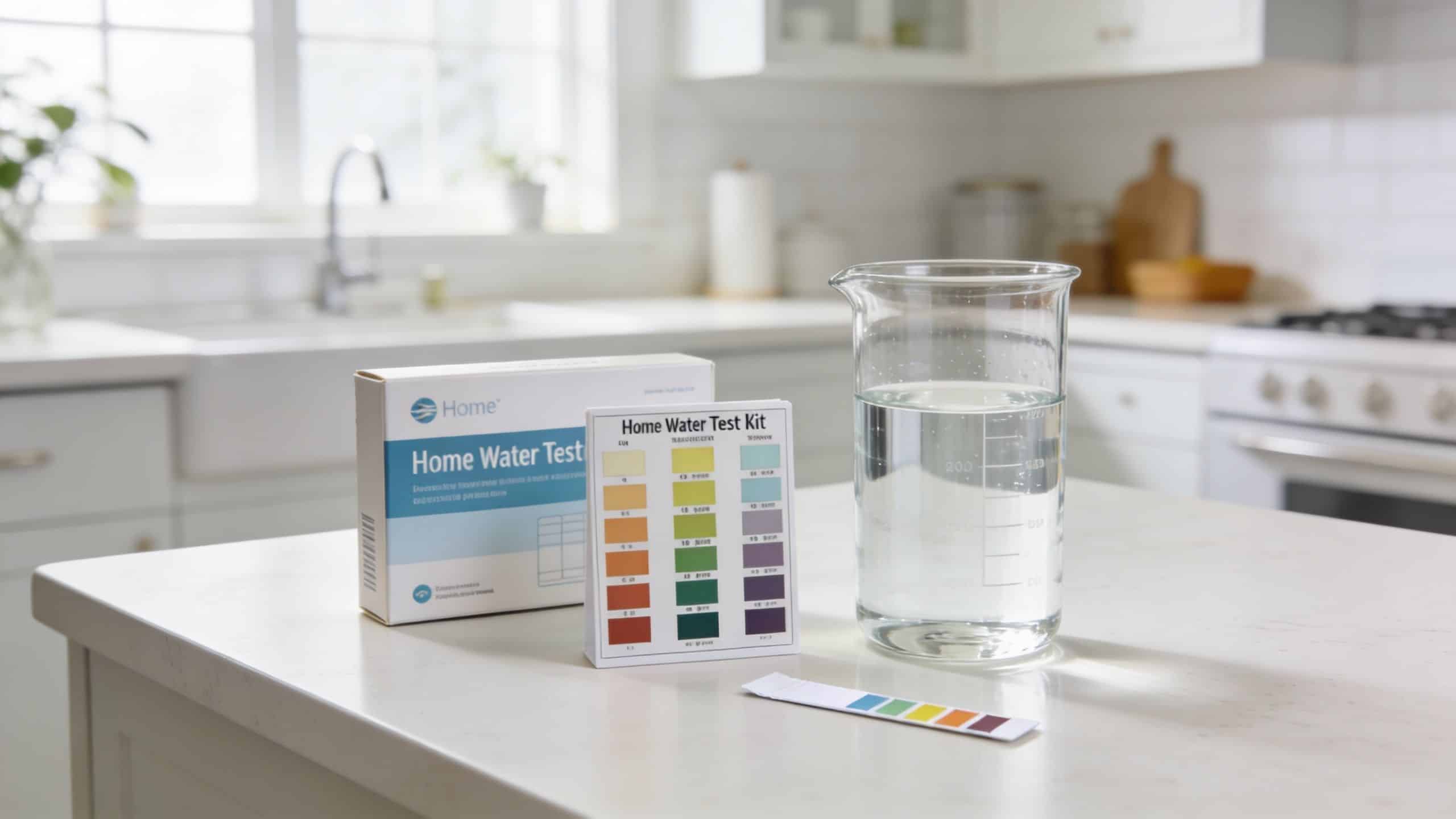A home water testing kit with a box, color chart, and test strip on a kitchen counter.