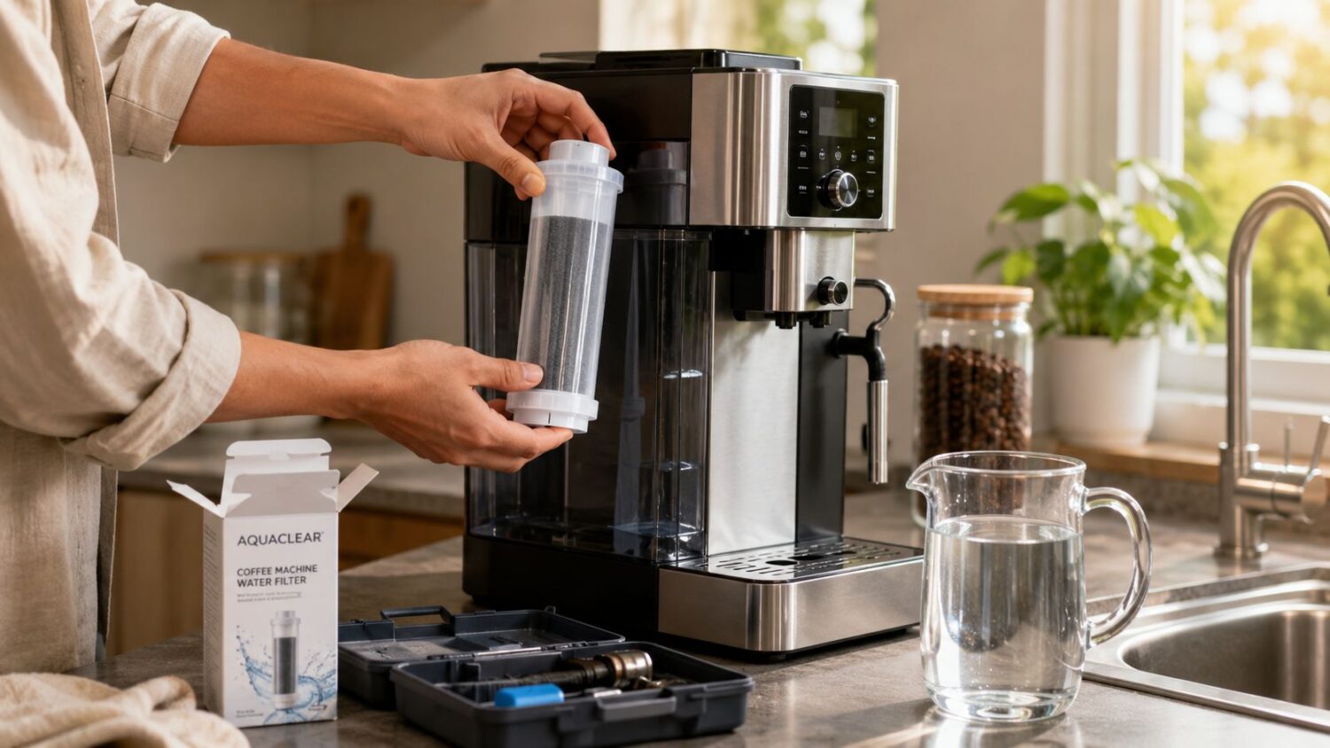 Person inserts AQUACLEAN coffee machine water filter into reservoir.