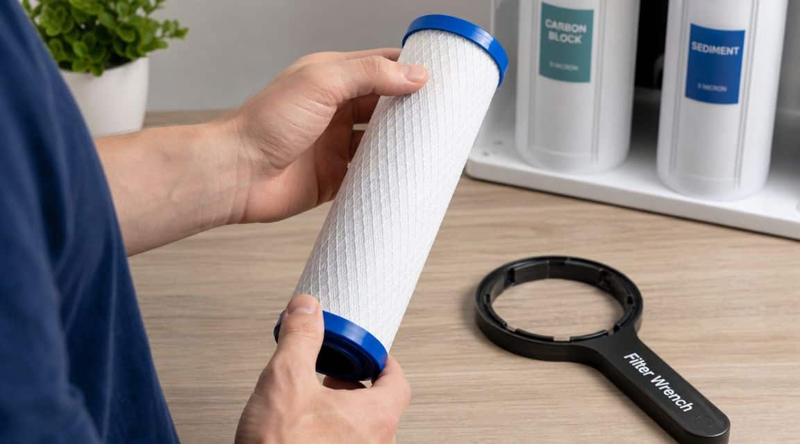 A person holding a cylindrical water filter cartridge next to a water filter wrench on a table.