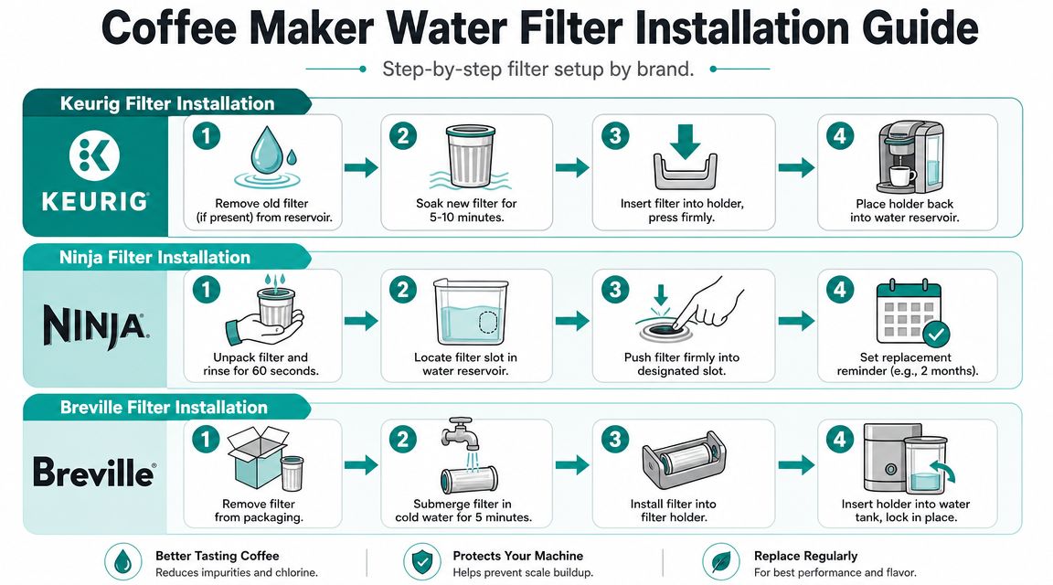 An instructional infographic detailing the step-by-step process for installing water filters in Keurig, Ninja, and Breville coffee makers.