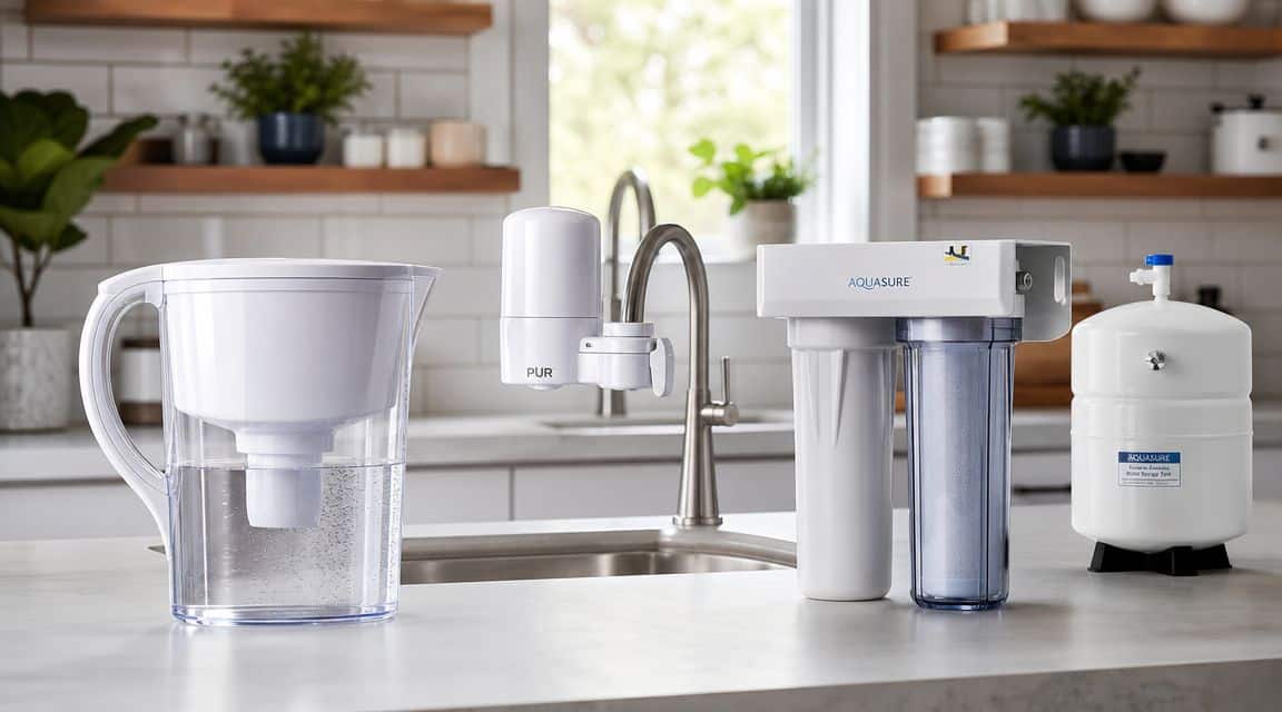 A selection of different kitchen water filtration systems including a pitcher, faucet filter, and under-sink unit.