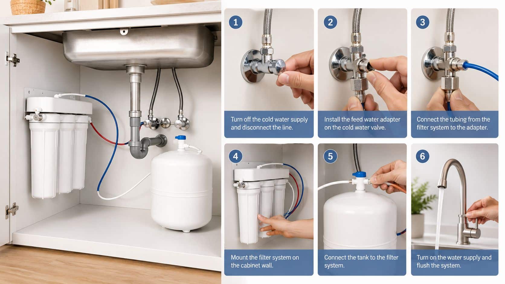 A six-step instructional guide on how to install an under-sink reverse osmosis water filtration system.