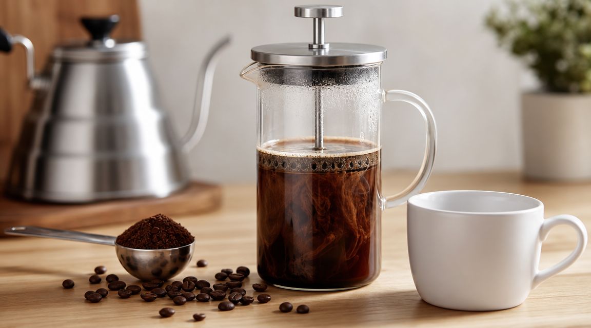 French press coffee maker with coffee grounds and beans