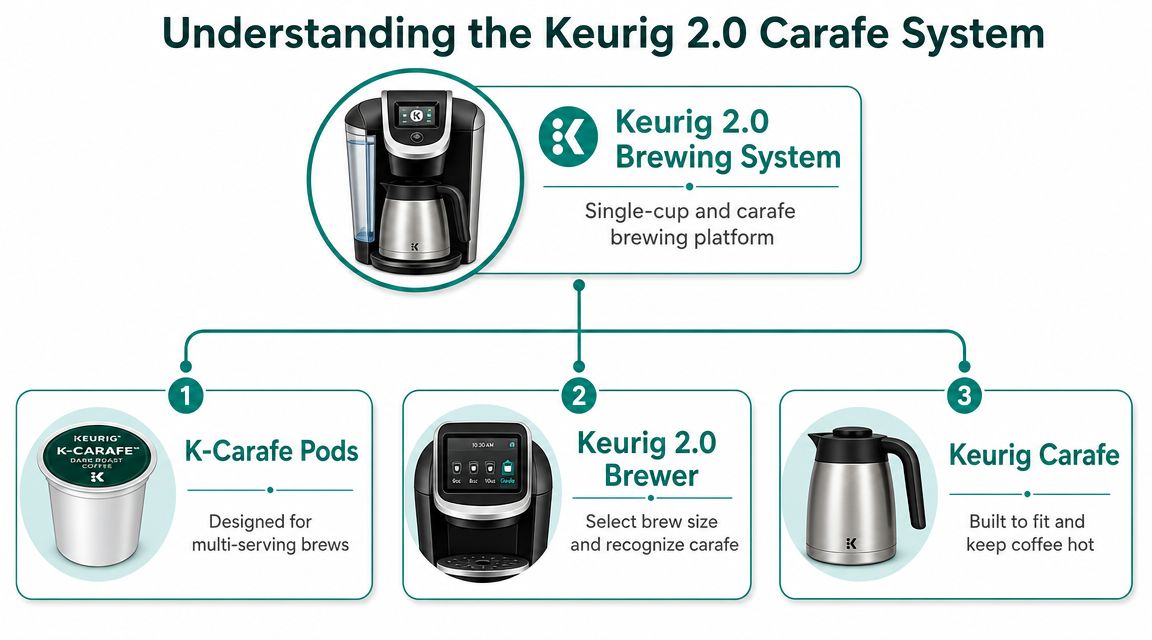 A diagram explaining the components of the Keurig 2.0 carafe brewing system including pods, brewer, and carafe.