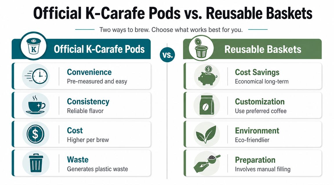 A comparison infographic between official K-Carafe pods and reusable coffee baskets for Keurig brewing systems.