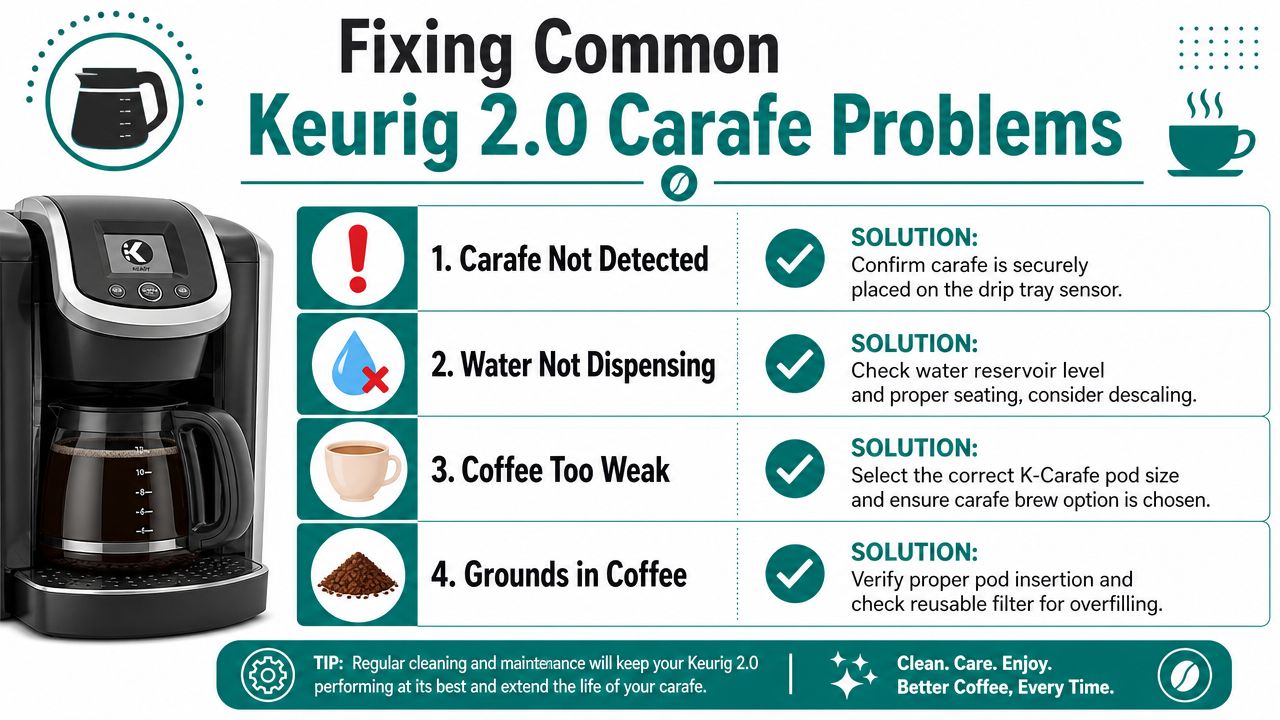 An infographic showing solutions for four common problems with Keurig 2.0 carafe coffee makers.