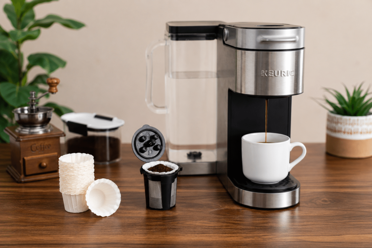 Keurig coffee maker brewing coffee with reusable K-cup and paper filters