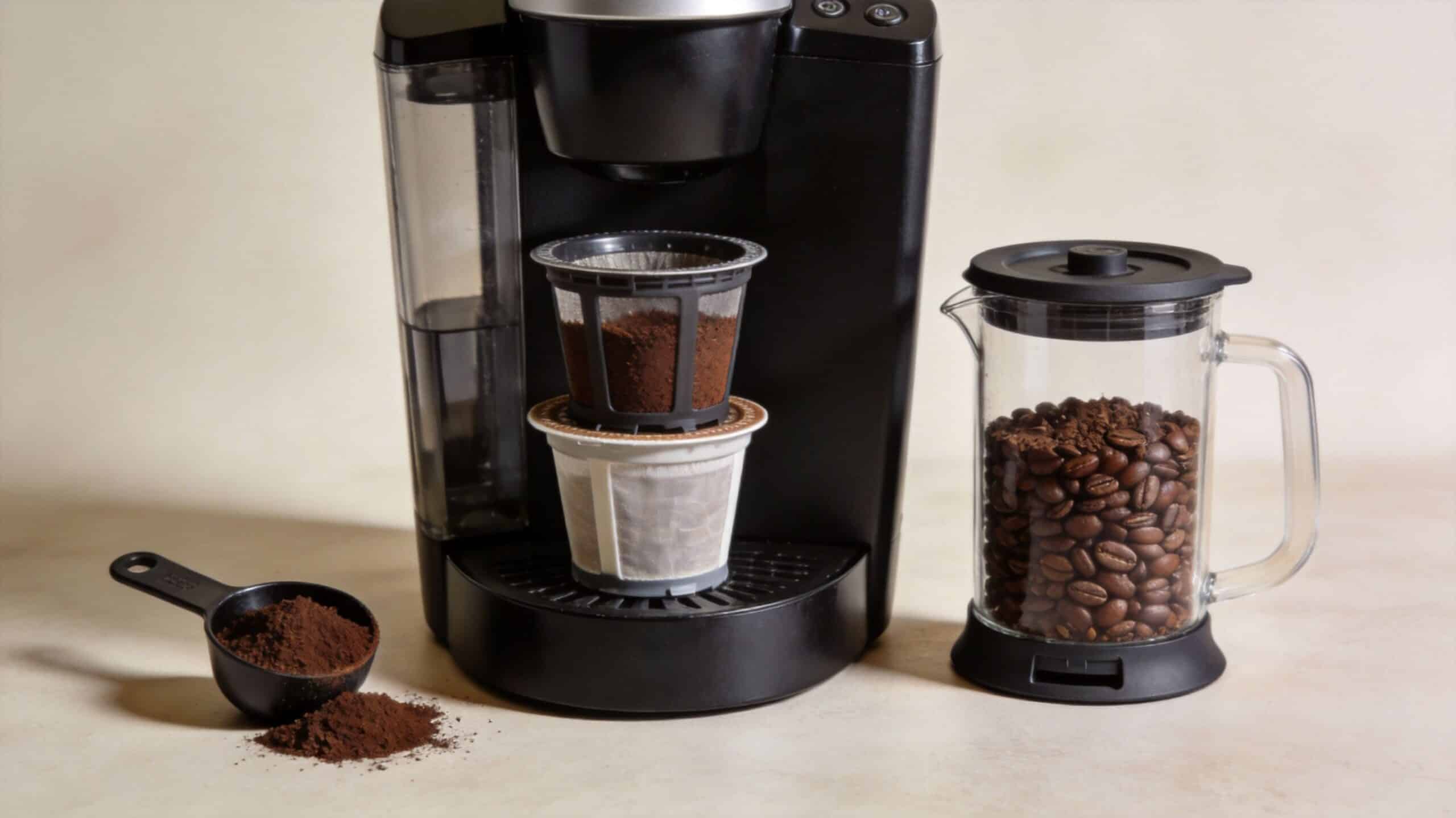 A black Keurig coffee maker with reusable filters and a glass carafe filled with coffee beans.