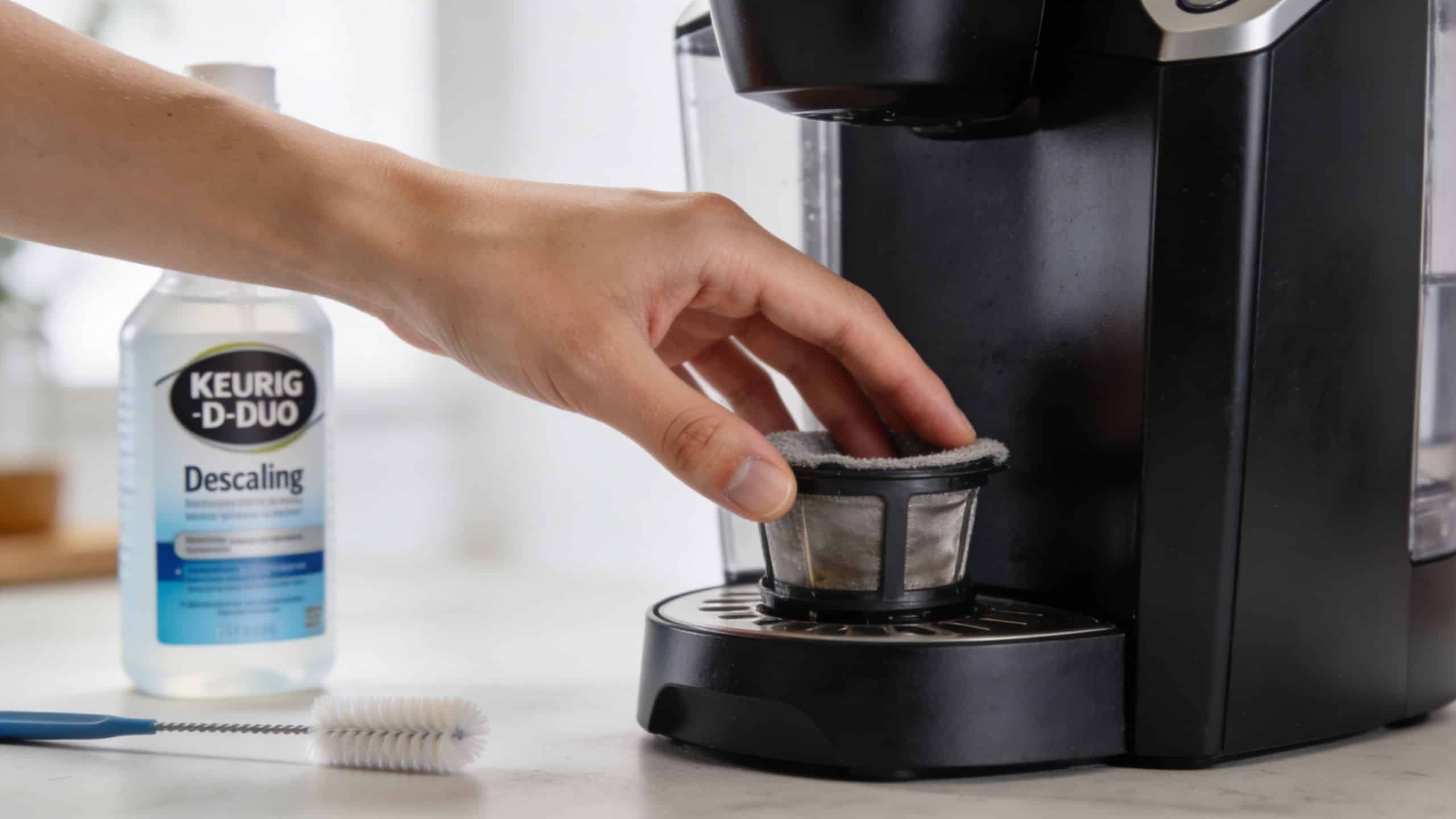 A person placing a mesh coffee filter into a Keurig coffee maker while descaling solution sits nearby.
