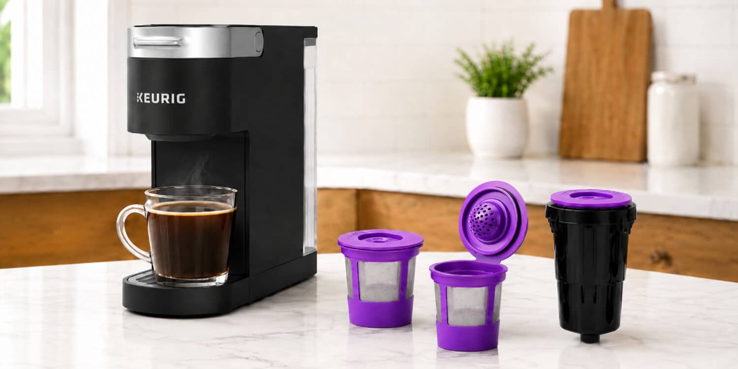 Keurig K-Mini with reusable K-Cup filter and fresh coffee