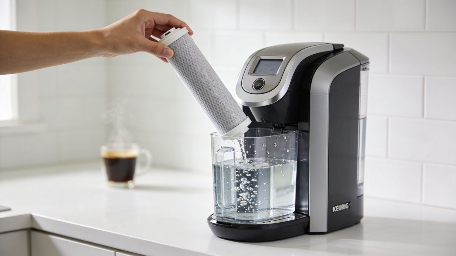 Person inserting a Keurig water filter into a coffee maker reservoir