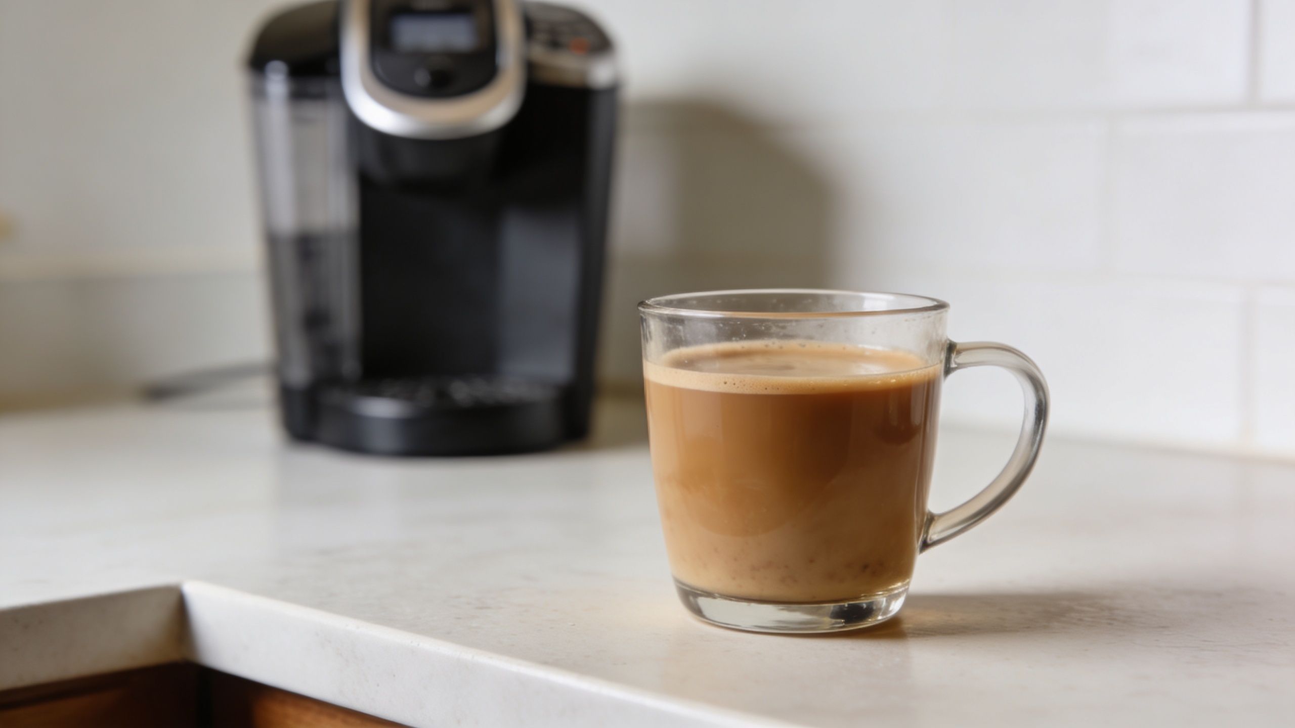 A glass mug filled with creamy coffee sitting on a white countertop next to a coffee machine.