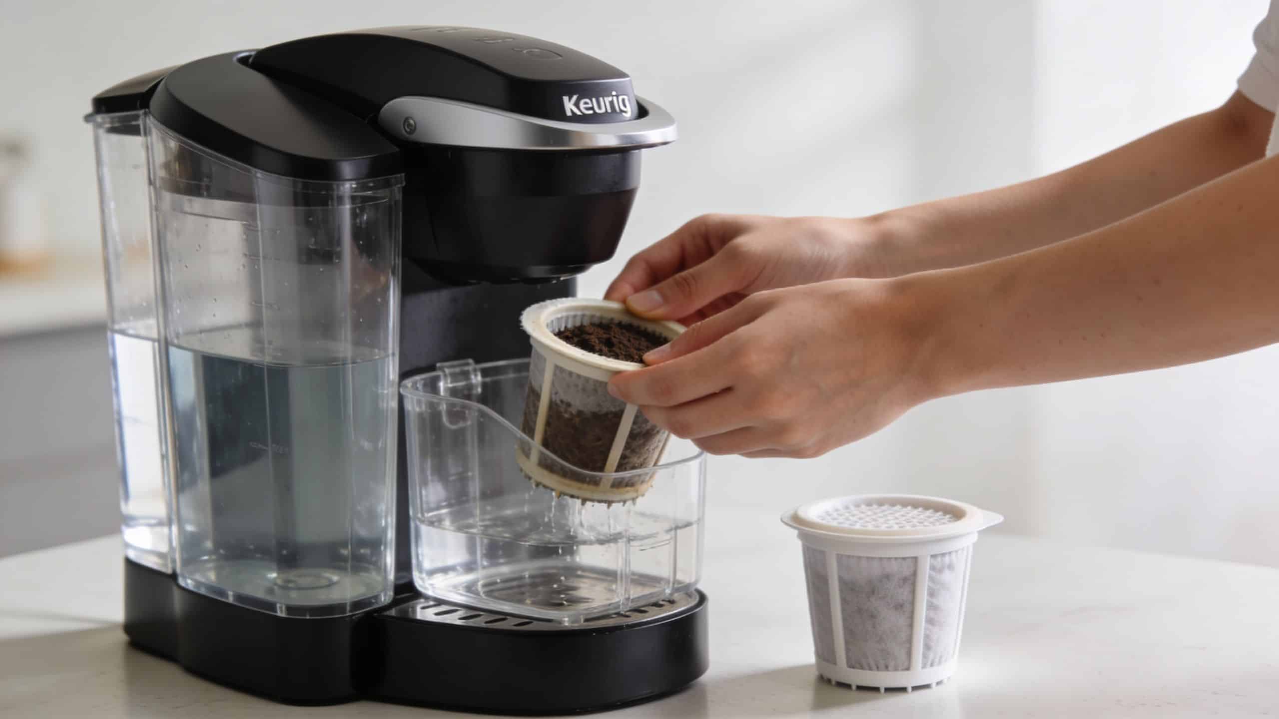 A person placing a used coffee grounds pod into the water reservoir area of a Keurig machine.