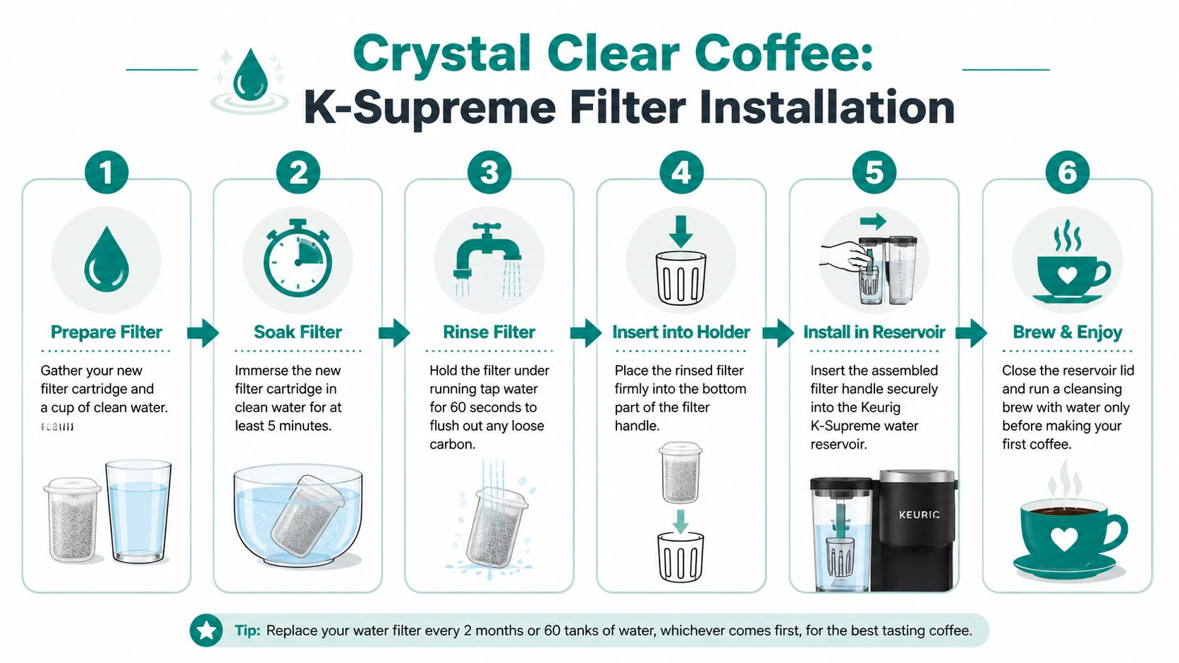 An infographic showing six steps for installing a Keurig K-Supreme water filter for fresh tasting coffee.