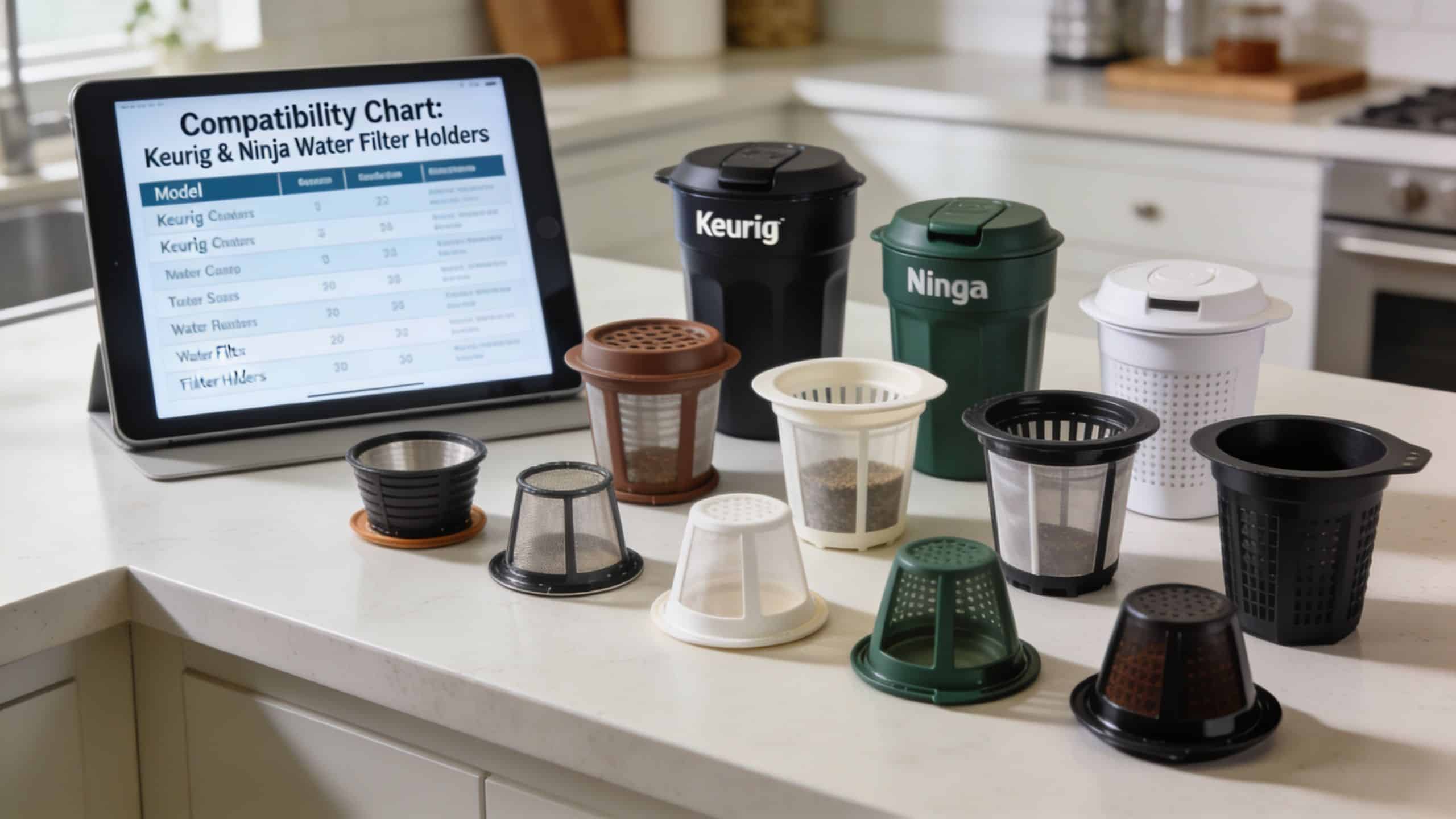 A variety of coffee maker water filter holders displayed on a kitchen counter with a compatibility chart.
