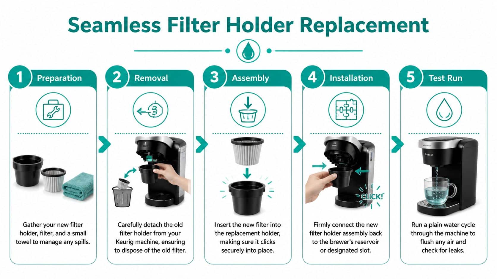 A five-step instructional guide showing how to replace a Keurig water filter holder with simple illustrations.