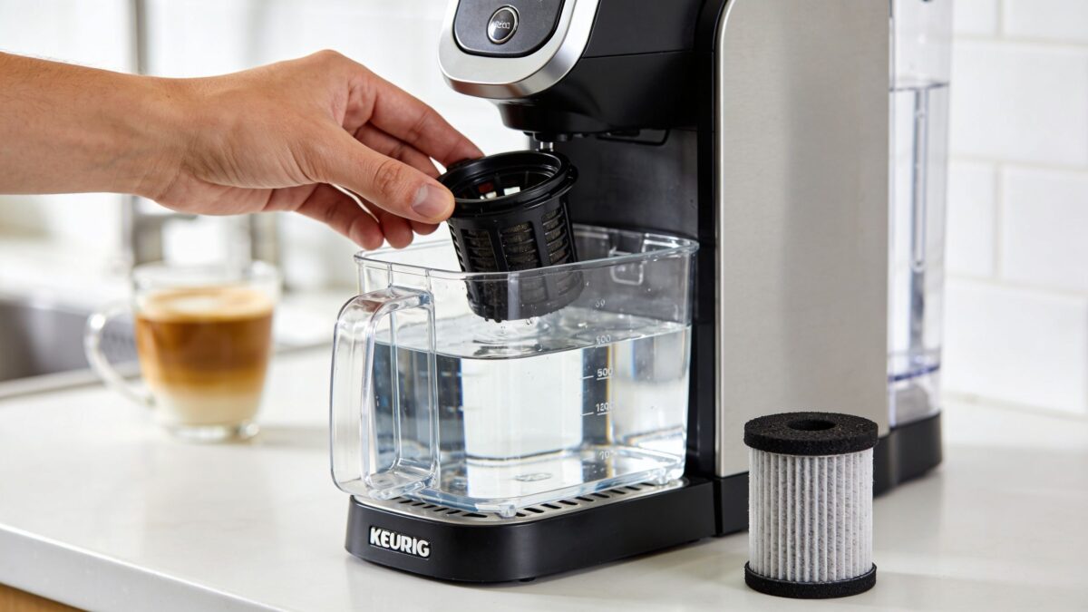Person inserting Keurig water filter into water reservoir for coffee maker