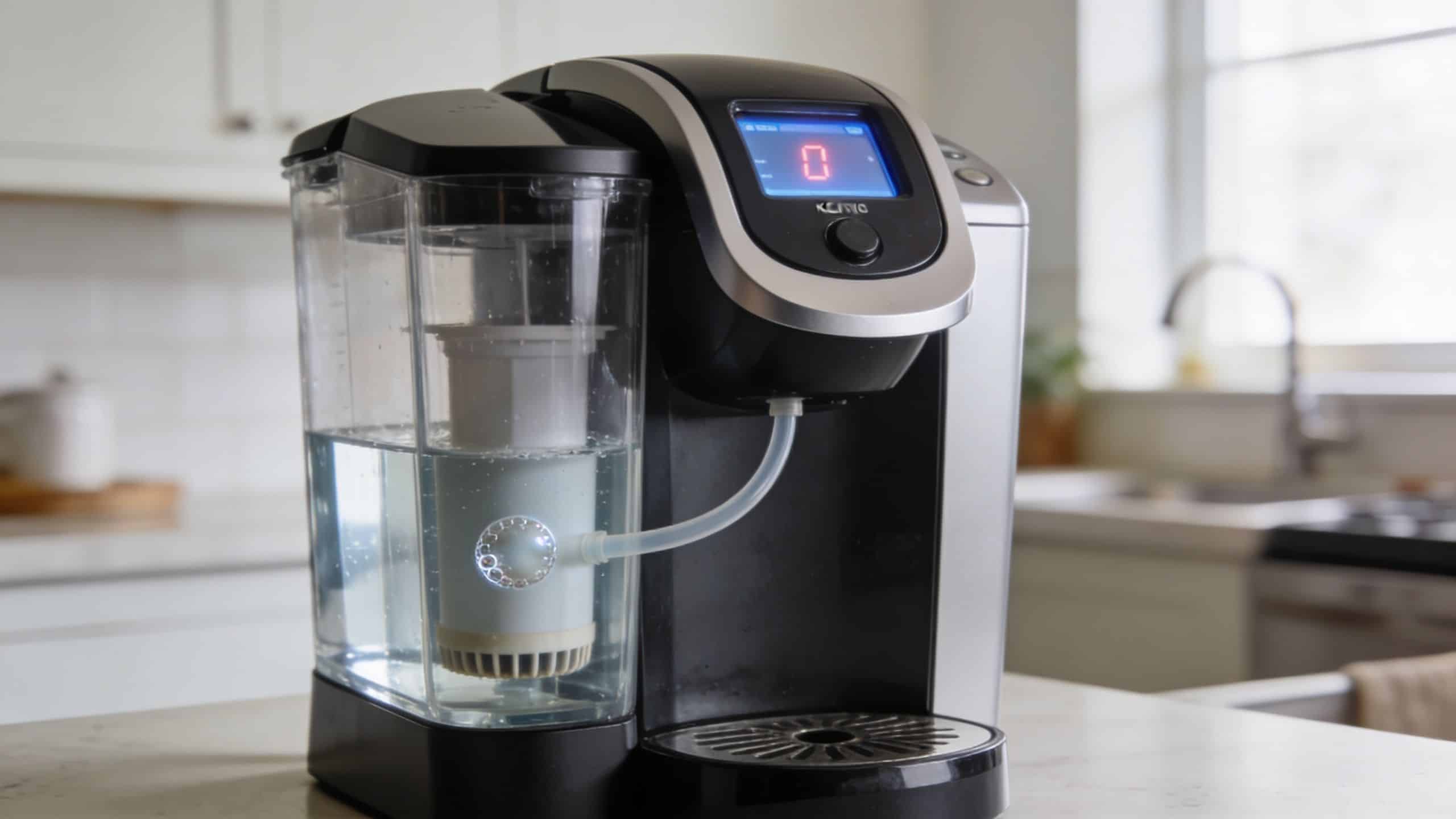 A Keurig coffee machine with a clear water reservoir showing the internal water filtration system clearly.