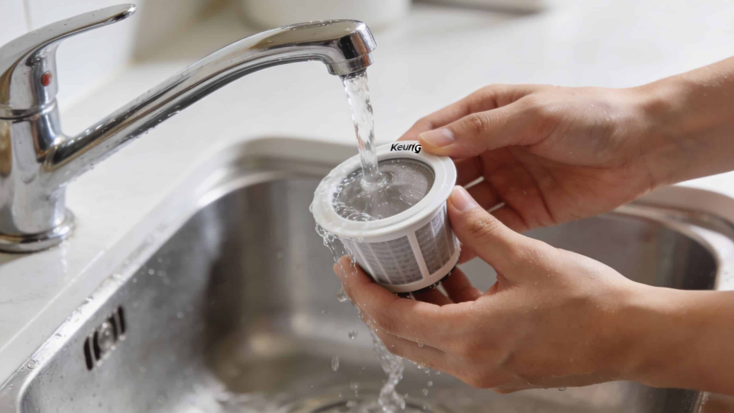 A person washing a Keurig coffee machine water filter under a kitchen faucet with running water.