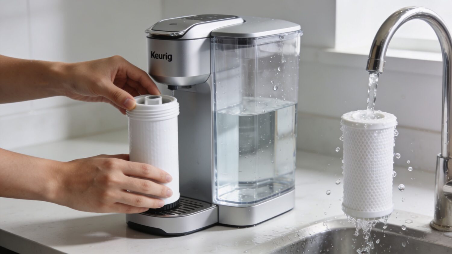 Hands inserting a Keurig water filter into a coffee maker with a running faucet nearby.