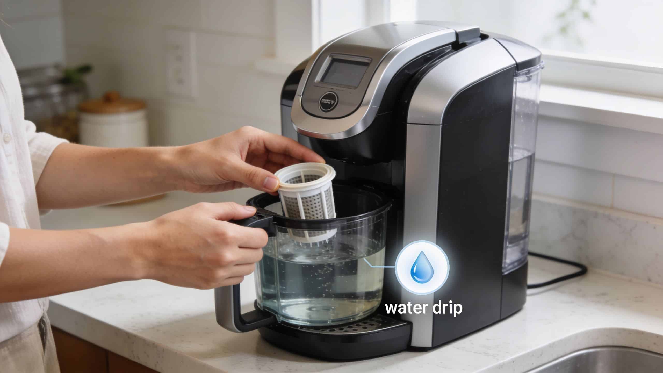 A person placing a mesh water filter into a glass carafe of a coffee maker machine.