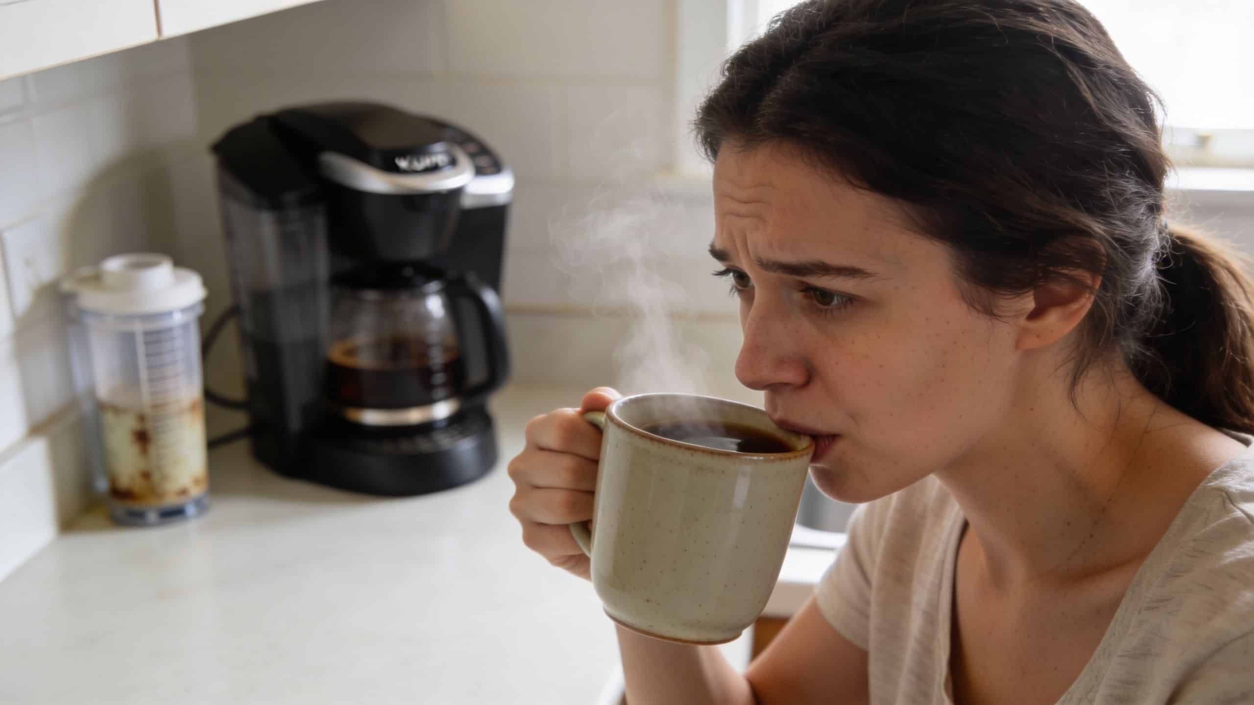 A young woman looking tired and stressed while drinking hot coffee in a kitchen next to a Keurig