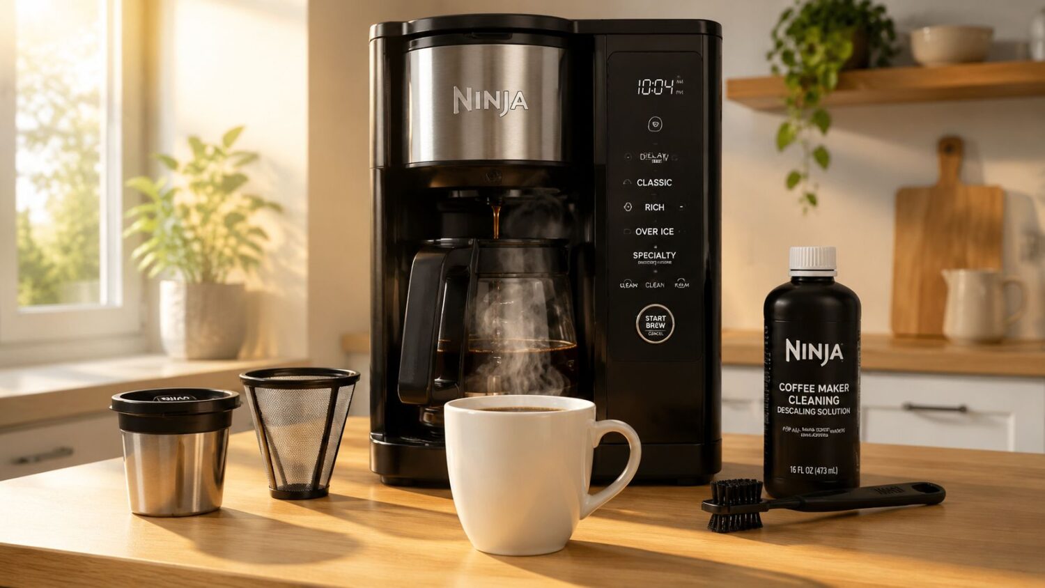 Ninja coffee maker with carafe, cup, cleaning solution, and brushes