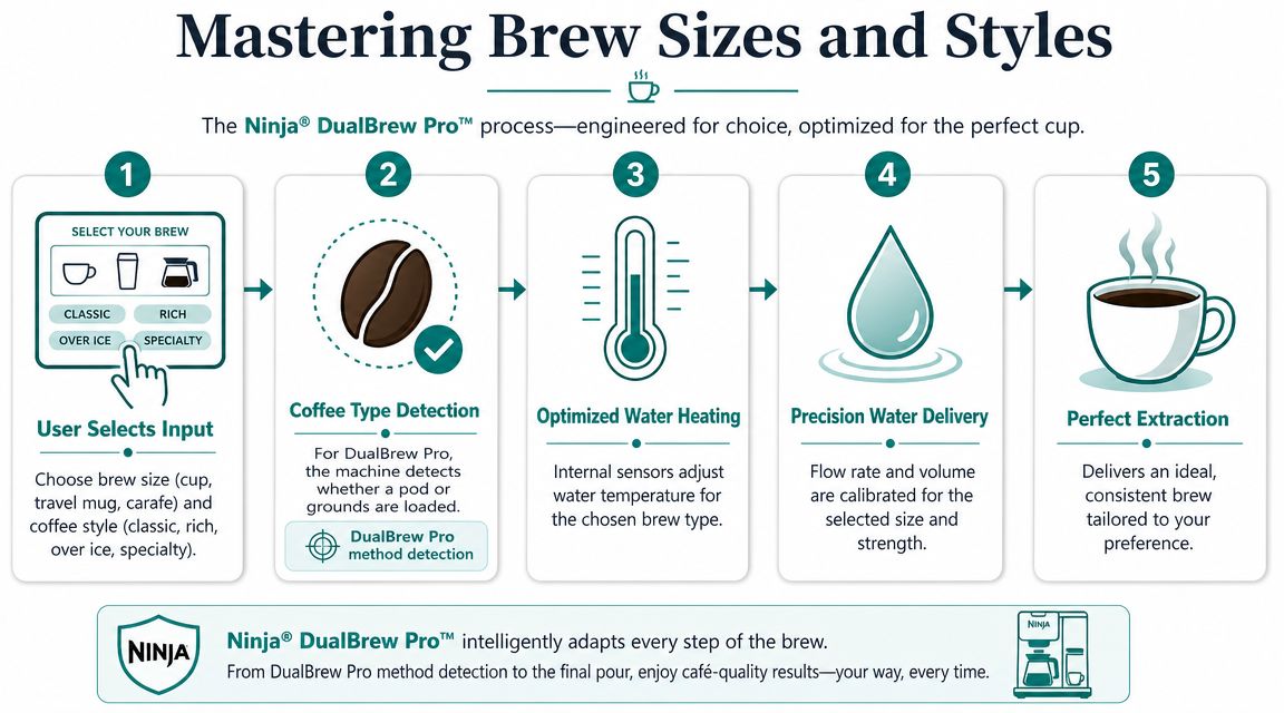 A diagram illustrating the five steps of the Ninja DualBrew Pro coffee brewing process from selection to extraction.
