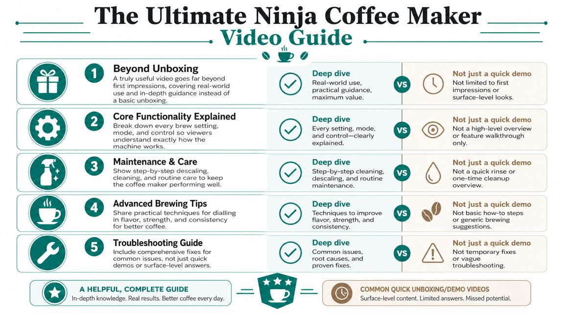 An infographic titled The Ultimate Ninja Coffee Maker Video Guide outlining five comprehensive video content categories.