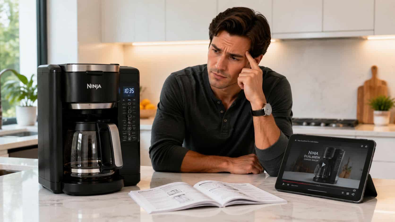 A man sits at a kitchen counter, looking confused while trying to learn how to use a Ninja coffee maker.
