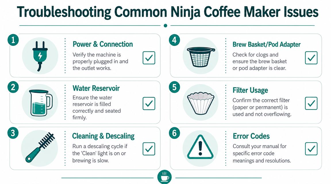 A helpful infographic outlining six common troubleshooting steps for Ninja coffee makers, including checking power and cleaning.