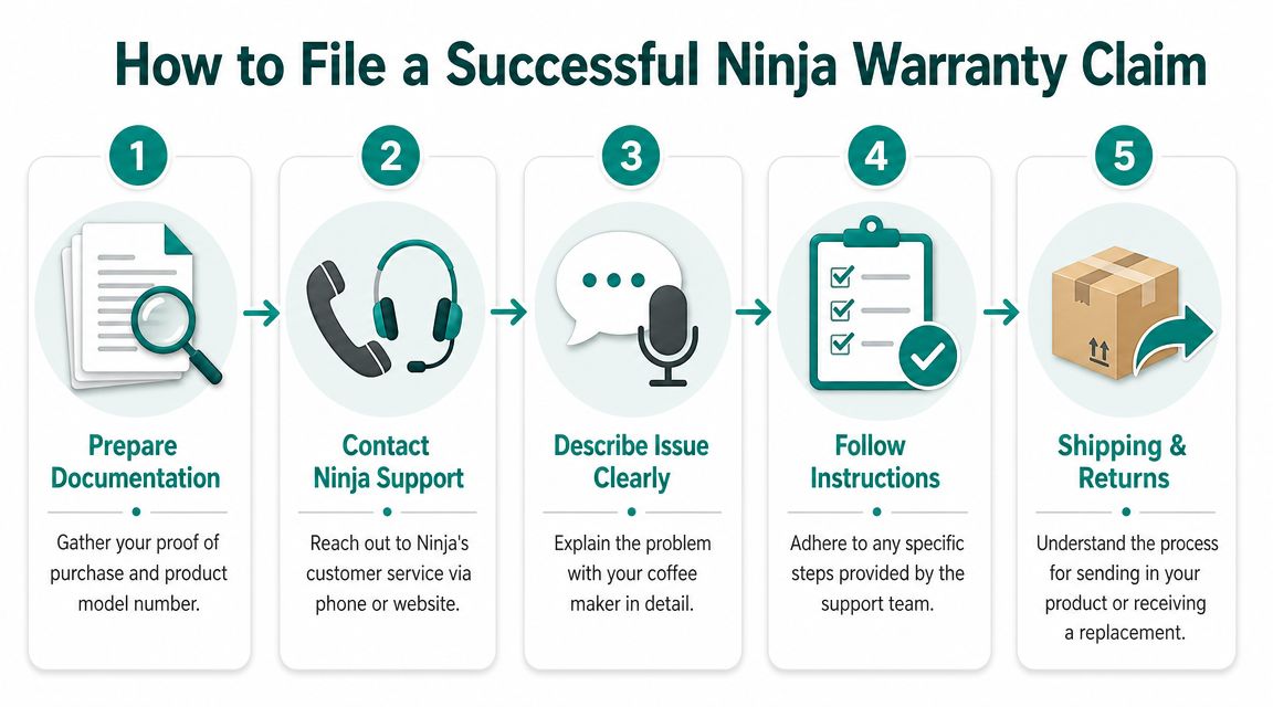 A five-step infographic showing how to file a successful Ninja warranty claim for coffee makers.