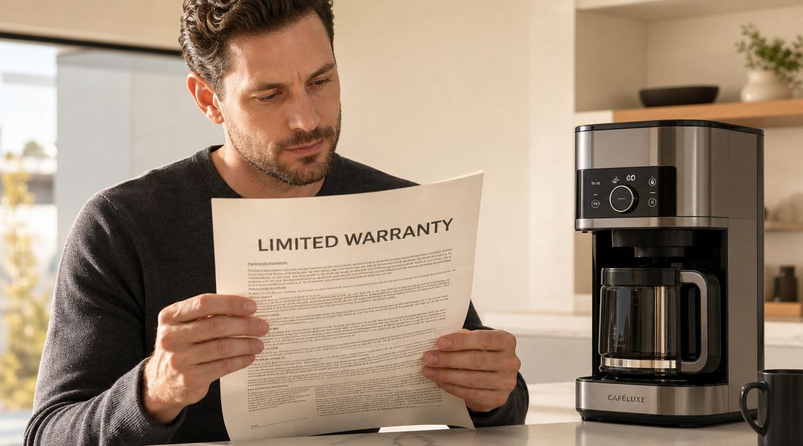 A man sitting at a kitchen table reading the limited warranty document for his new coffee maker.