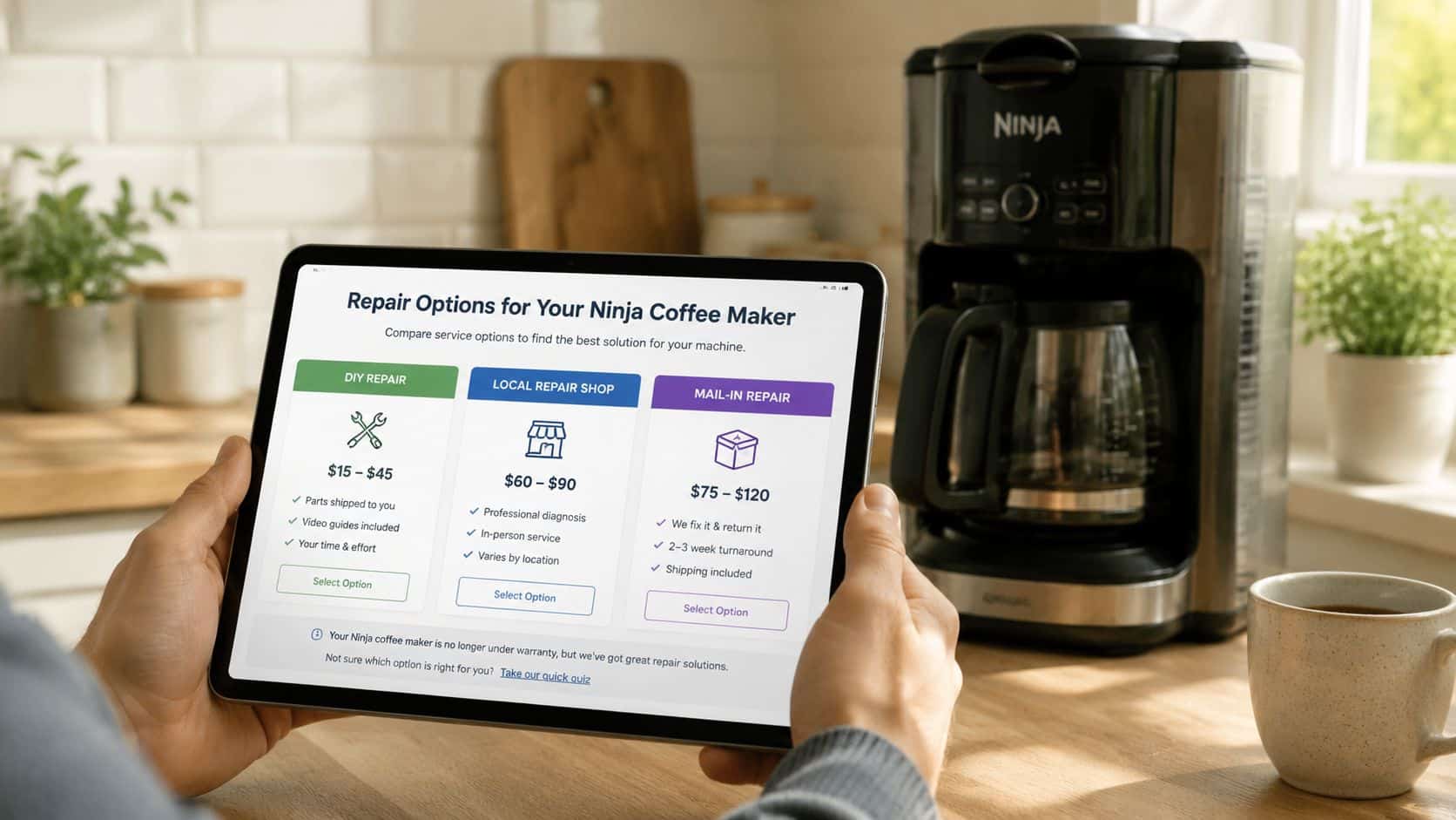 A person holds a tablet displaying repair options for a Ninja coffee maker with pricing and service details.