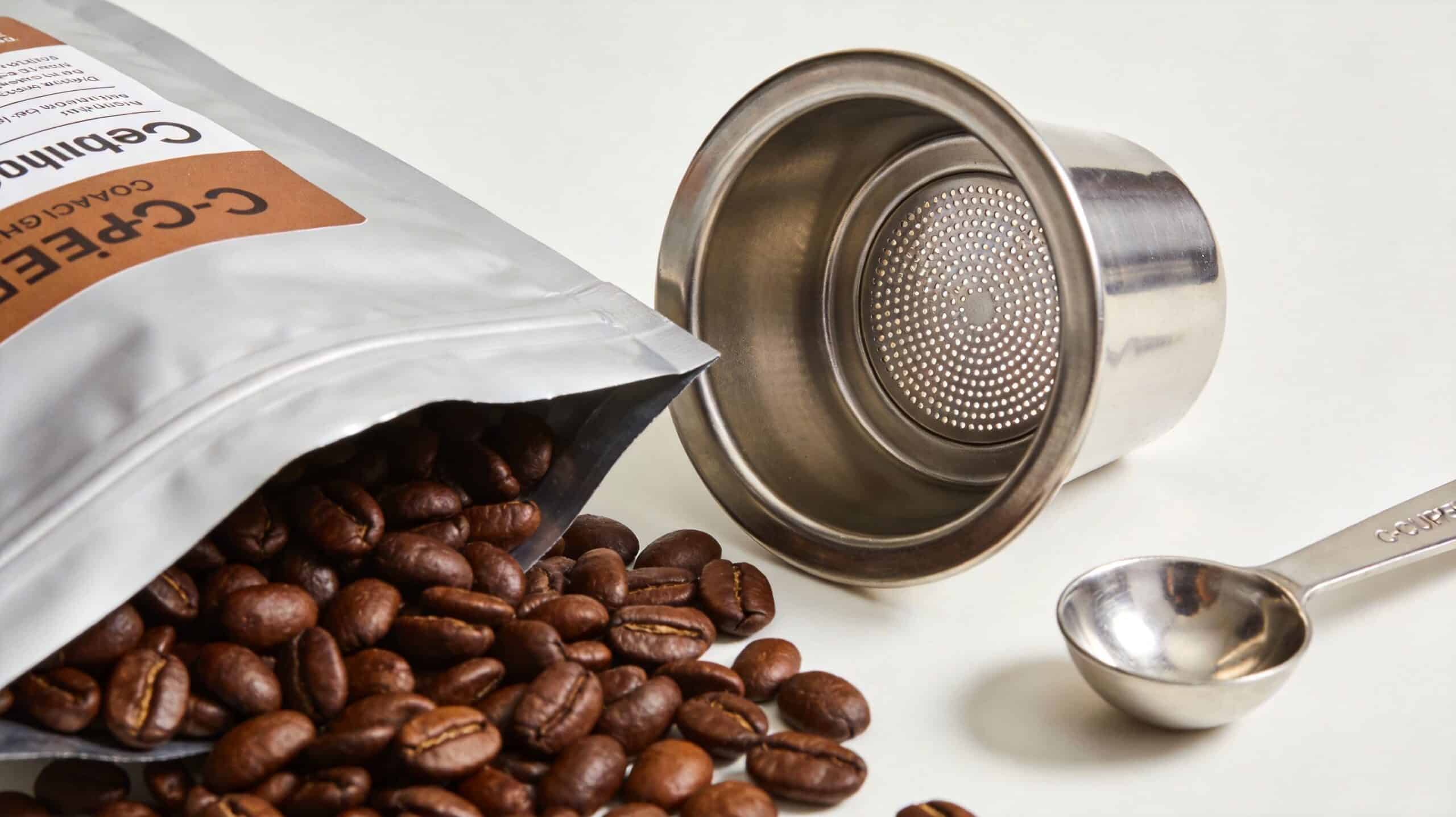 A bag of roasted coffee beans next to a metal reusable coffee pod and a measuring spoon.