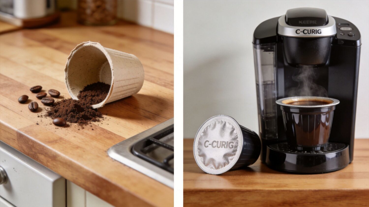 Compostable coffee pods and beans on a kitchen counter next to a coffee maker.